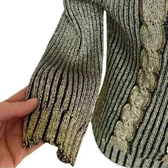 Vintage gold & black metallic beaded 3/4 sleeve cowl neck sweater size M - Picture 5 of 9